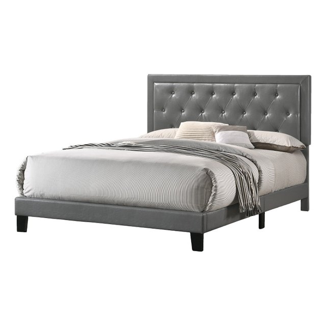 Full Size Panel Bed Upholstered with Gray Faux Leather and Tufted Headboard