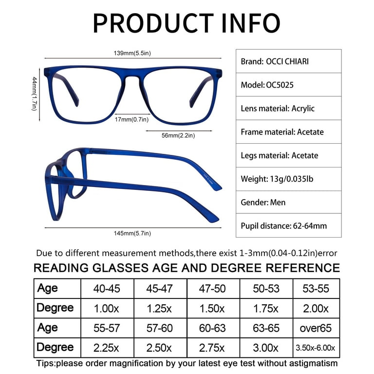 OCCI CHIARI Wide Reading Glasses Mens Reader 300+ Strength