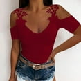thumbnail image 2 of Chbgutlmr Going out Tops for Women Short Sleeve Cold Shoulder Lace Slim Comfy Solid Color Trendy Tops, 2 of 6