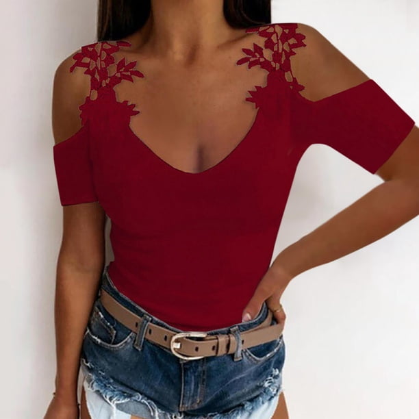 ICHUANYI Clearance Fashion Women's Summer V-Neck Short Sleeve Lace Casual T-shirt Blouse(Wine, S) ICHUANYI WER2023081207410