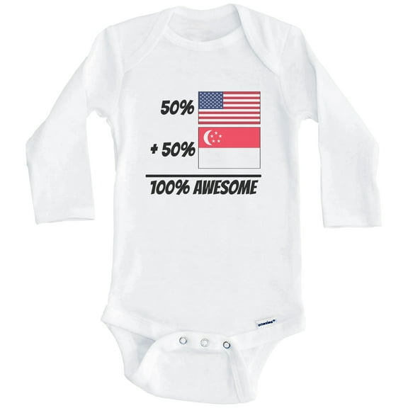 50% American Plus 50% Singaporean Equals 100% Awesome Cute Singapore Flag One Piece Baby Bodysuit (Long Sleeve), 0-3 Months White
