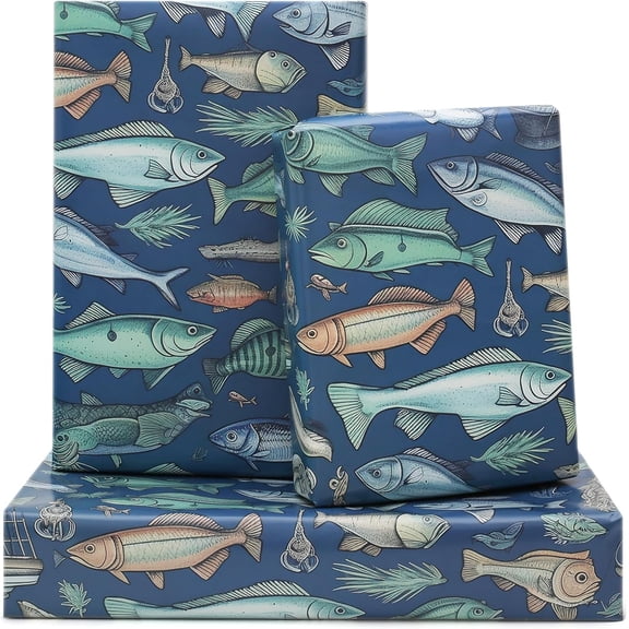 Sea Fish Wrapping Paper, Ocean Sea Realistic Plenty of Fish Mackerel Fly Fishing Away Wrapping Paper, 6 Sheets Folded Flat 20x28 Inches per Sheet, For Fishing Enthusiast Birthday Baby Shower