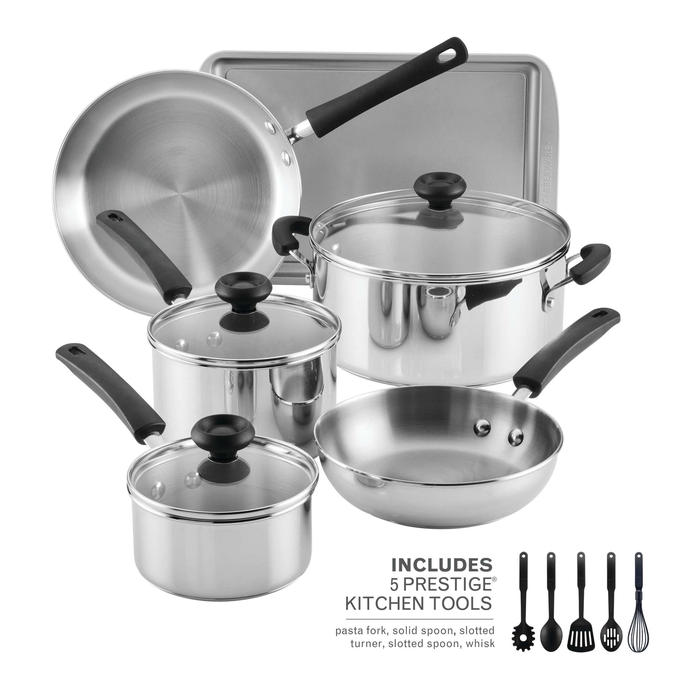 Farberware SureSteel 14 Pcs Stainless Steel Cookware Set Includes Baking Pan and Cooking Tools, Induction Compatible, Dishwasher Safe, Metal Utensil Safe, Stainless Steel