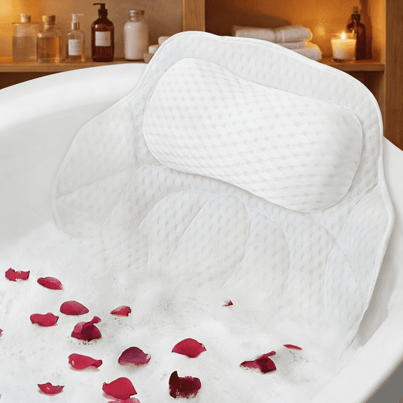 Tcwhniev Soft Bathtub Pillow for Deep Soaking Tub, 4D Air Mesh Bath Cushion with 6 Strong Suction Cups, Ergonomic Neck & Back Support for Home Spa, Machine Washable, White, 18x16.5 In
