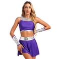 thumbnail image 2 of Xnihocha Womens 3Pcs Cheerleader Dance Set Super Women Outfits Tank Crop Tops+Skirts+Gloves Streetwear Purple L, 2 of 7