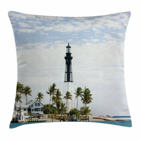 East Coast Lighthouses - United States Throw Pillow Cushion Cover, Hillsboro Lighthouse Pompano Beach Florida Atlantic Ocean Palms Coast, Decorative Square Accent Pillow Case, 20 X 20 Inches, Blue White Green, by Ambesonne