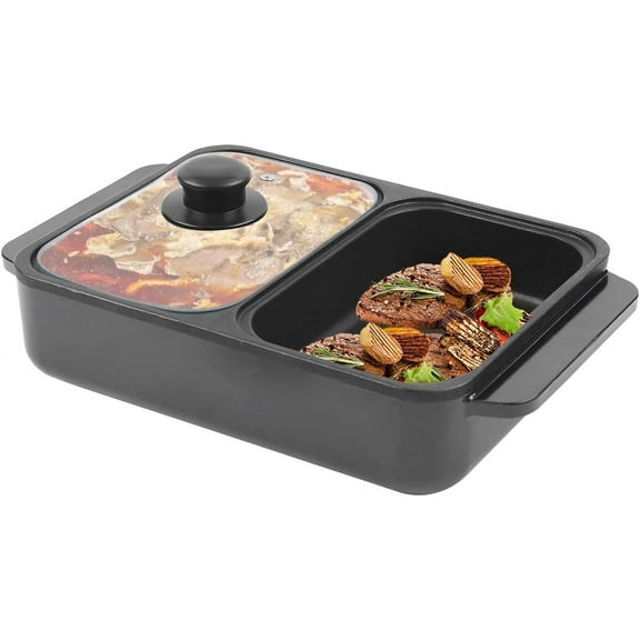 Hot Pot with Grill, 2 In 1 Portable Electric Hot Pot BBQ Baking Grill Pan Smokeless Non-Stick Pan, Dual Temperature Control, for Barbecue, Frying, Soup Making, Etc