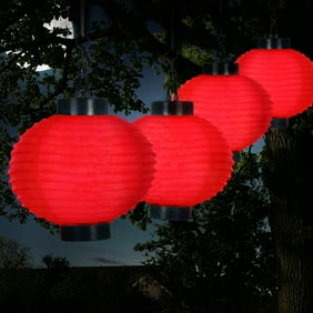 Chinese Lanterns Hanging Fabric Lamps With Solar Powered Led Bulbs