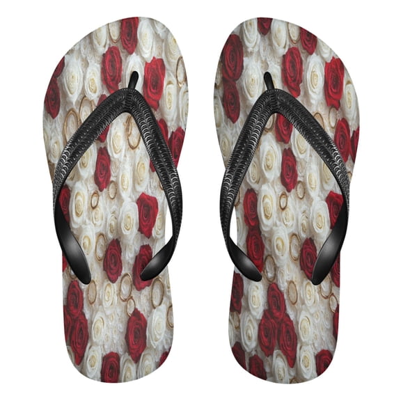 YAZAOOSummer Flip Flops Creatively Red and White Roses Rings Simple Beach Sandals