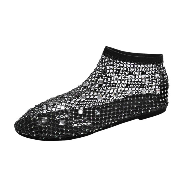 Sandales en Résille Confortables pour Femmes Talon Bas à Enfiler avec Strass