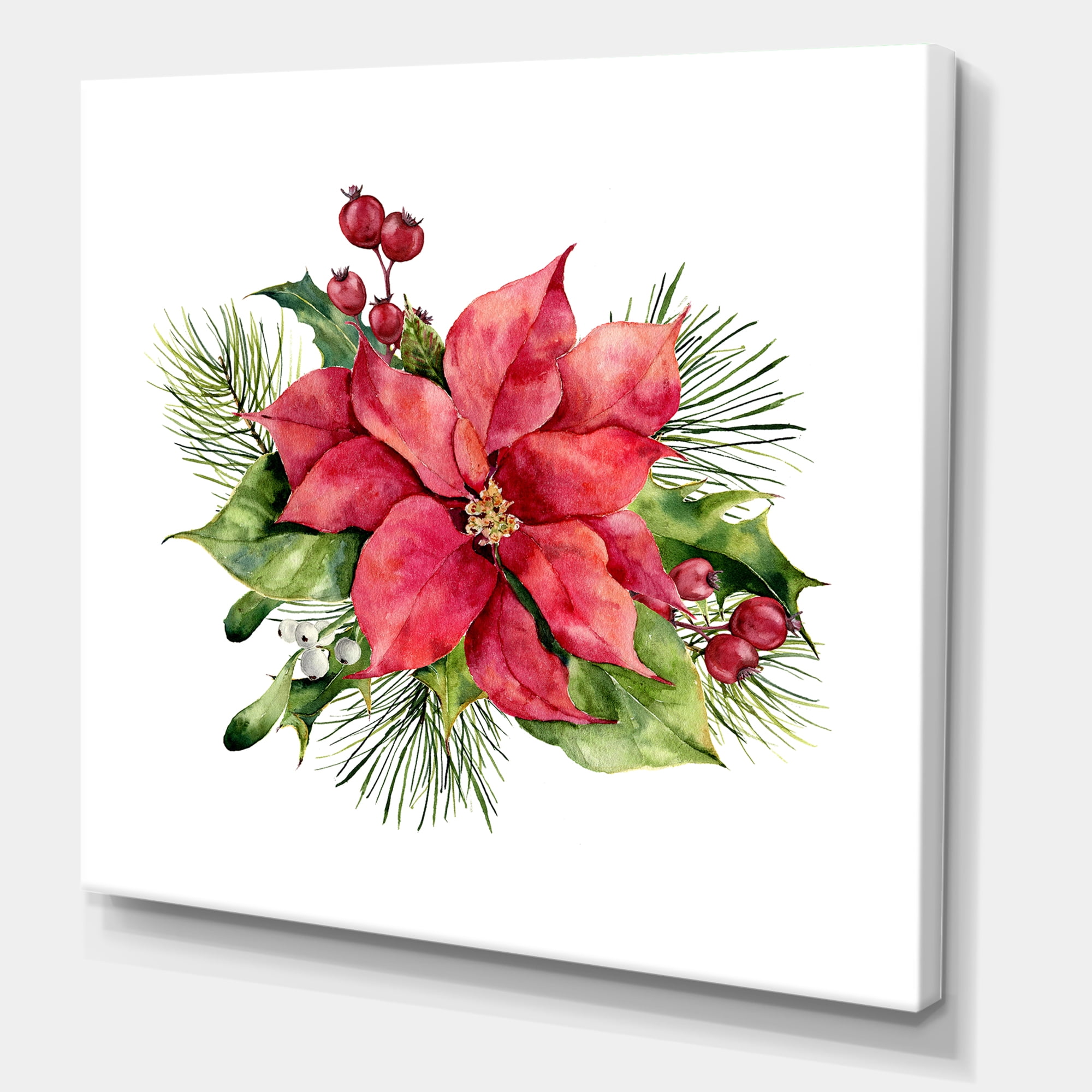 Designart ' Christmas Fir Branch and Holly Mistletoe Berries I ' Traditional Canvas Wall Art Print