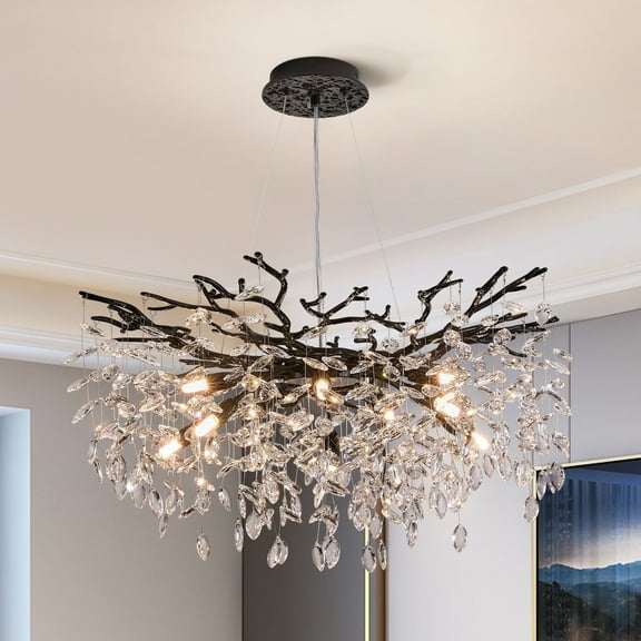 Modern Tree Branch Crystal Chandelier, Adjustable Height 20-78.7 Inches, Luxury Black Metal & Sparkling Crystal Lighting Fixture for Dining Room, Living Room, Bedroom