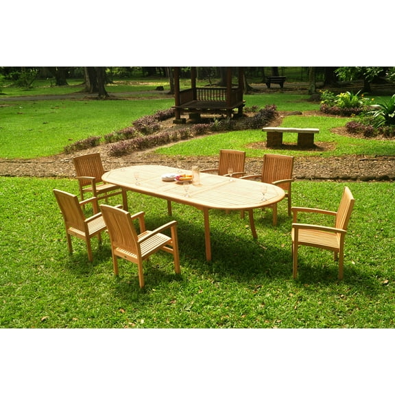 Grade-A Teak Dining Set: 6 Seater 7 Pc: 118" Double Extension Oval Table And 6 Wave Stacking Arm Chairs Outdoor Patio WholesaleTeak #WMDSWV11