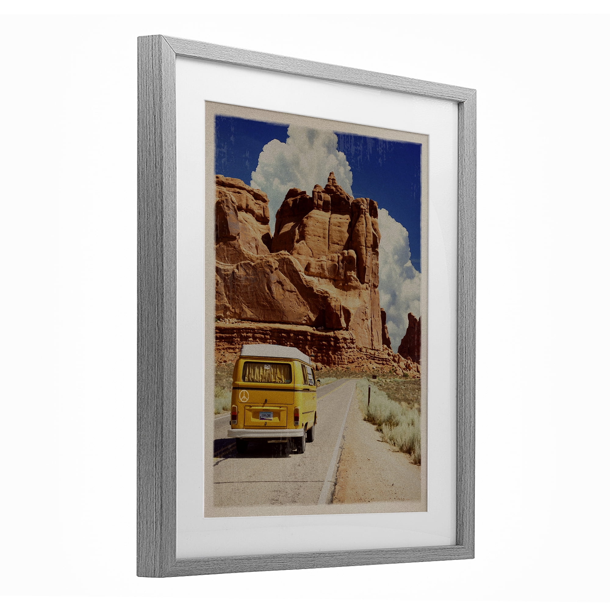 Retro Desert Adventure Gray Framed Print Under Glass, design by Old Red Truck