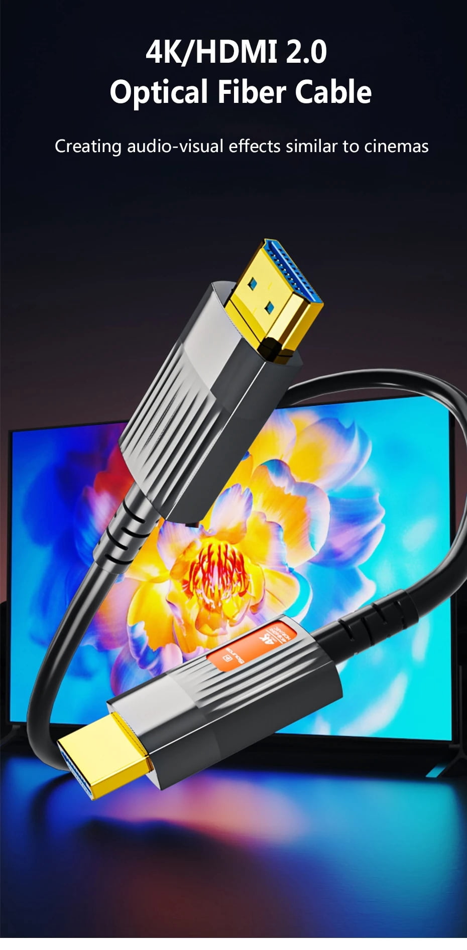 4K Fiber Optic HDMI Cable 16Feet Long Full 4K60Hz (4:4:4 RGB HDR10 HDCP2.2) 1440p 144Hz 18Gbps High Speed Ultra HD Directional Active Cord Compatible with PS5, PS4, HDTV, Monitor, Xbox, Blu-ray
