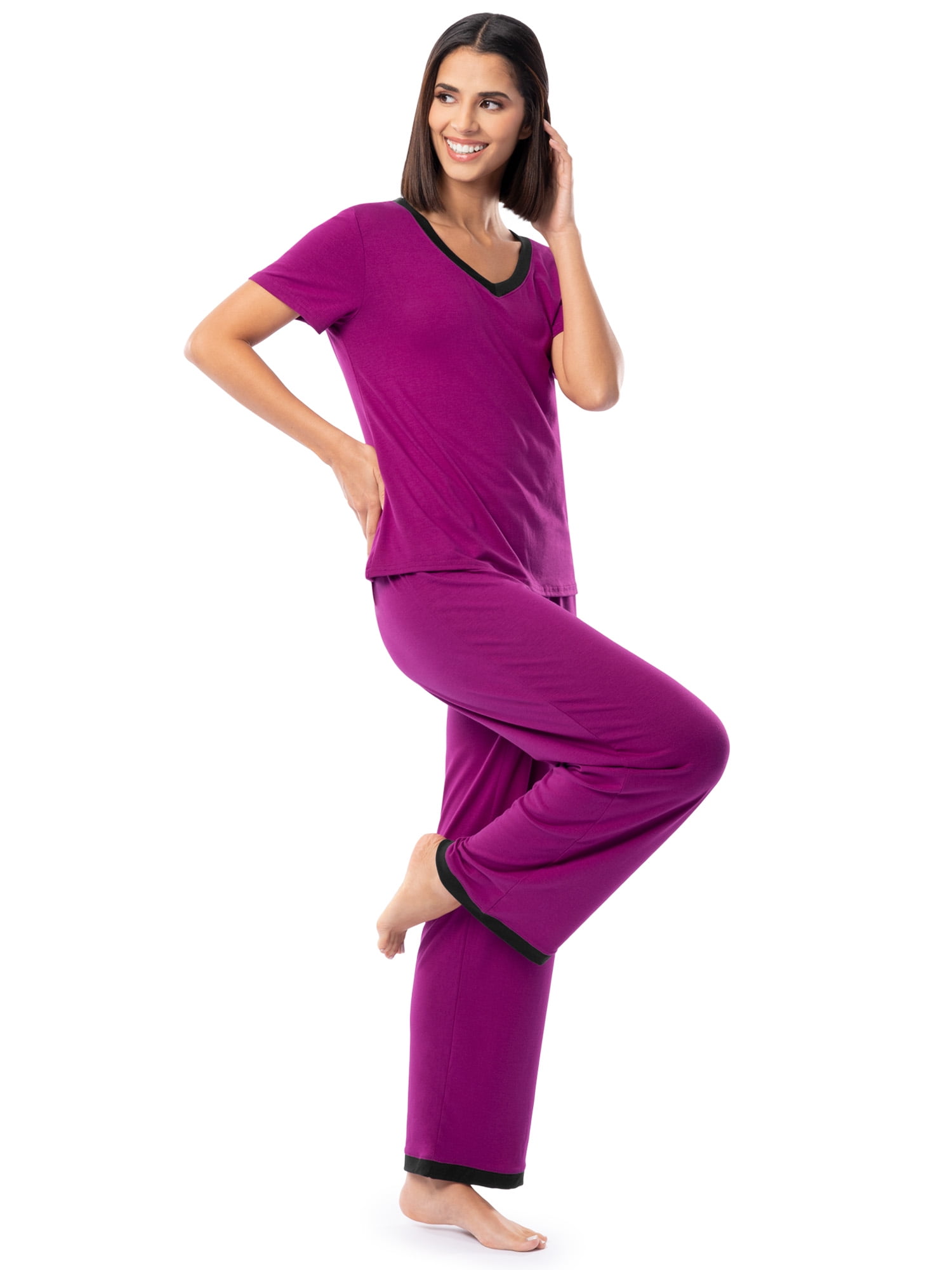 Fruit of the Loom Women's Soft & Breathable V-Neck Short Sleeve Top & Pajama Pant Set, Sizes S-4X