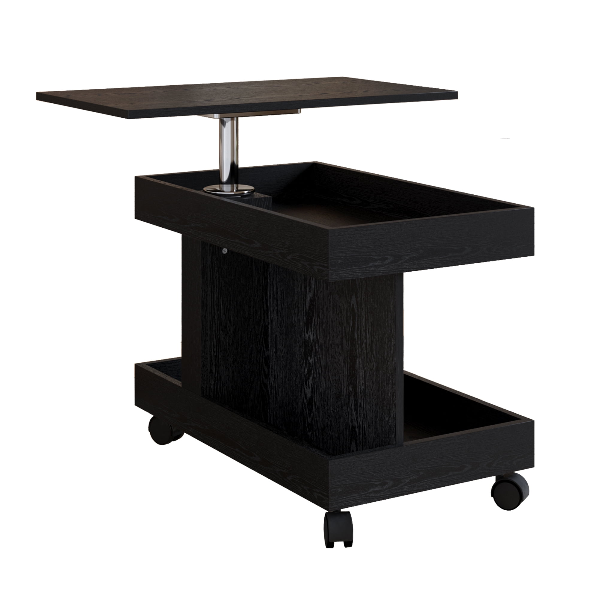 Small Coffee Table with Wheels and 360° Rotating Desktop, Rolling Side Table and Mobile End Table with Storage for Living Room Bedroom, Black