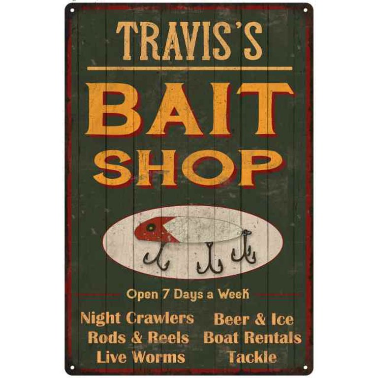 TRAVIS'S Green Bait Shop Man Cave 12 x 18 Matte Finish Metal