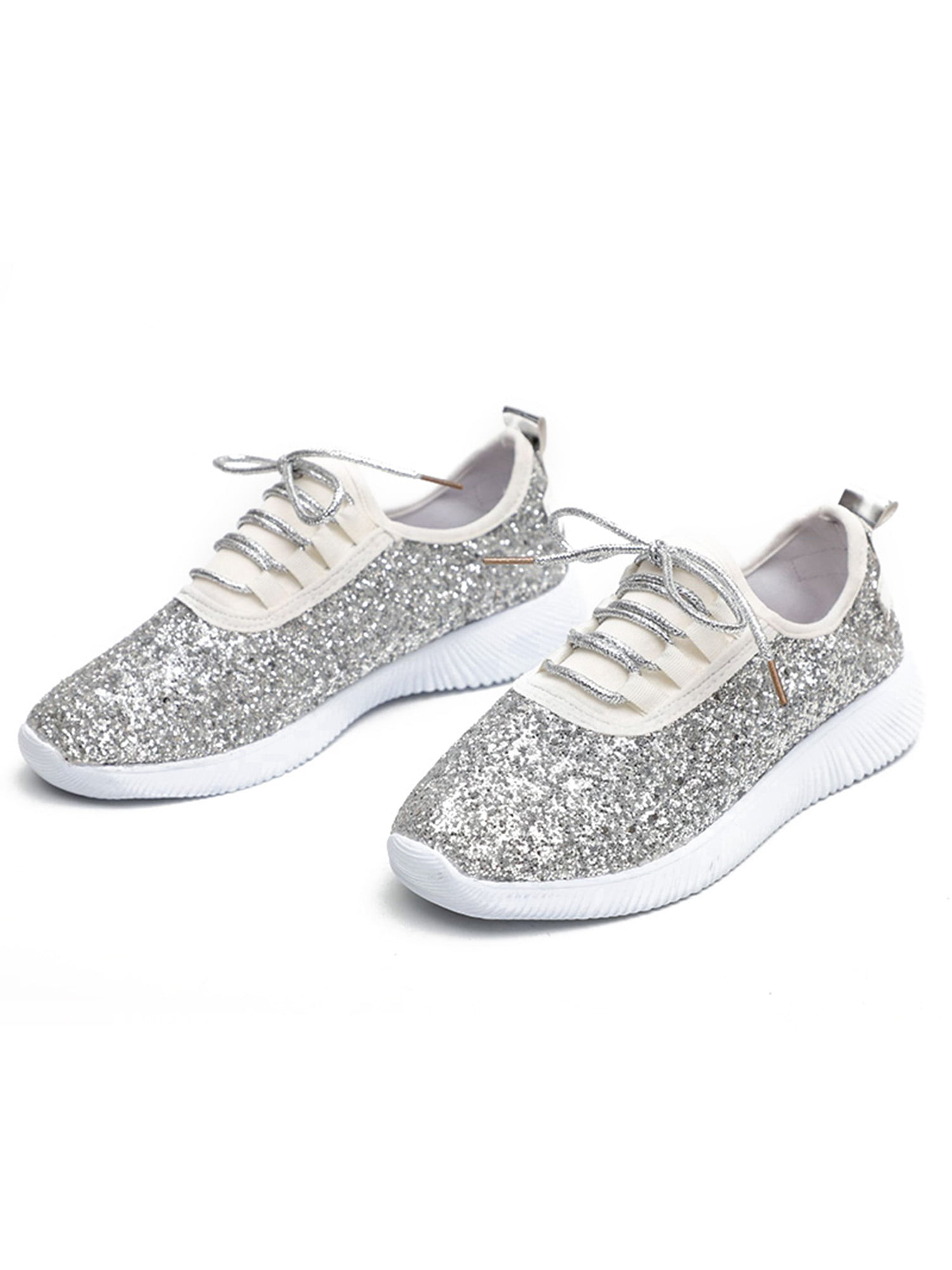 KIDS GIRLS GLITTER SILVER LACE UP LIGHTWEIGHT TRAINERS SPARKLY BLING SHOES SIZE 