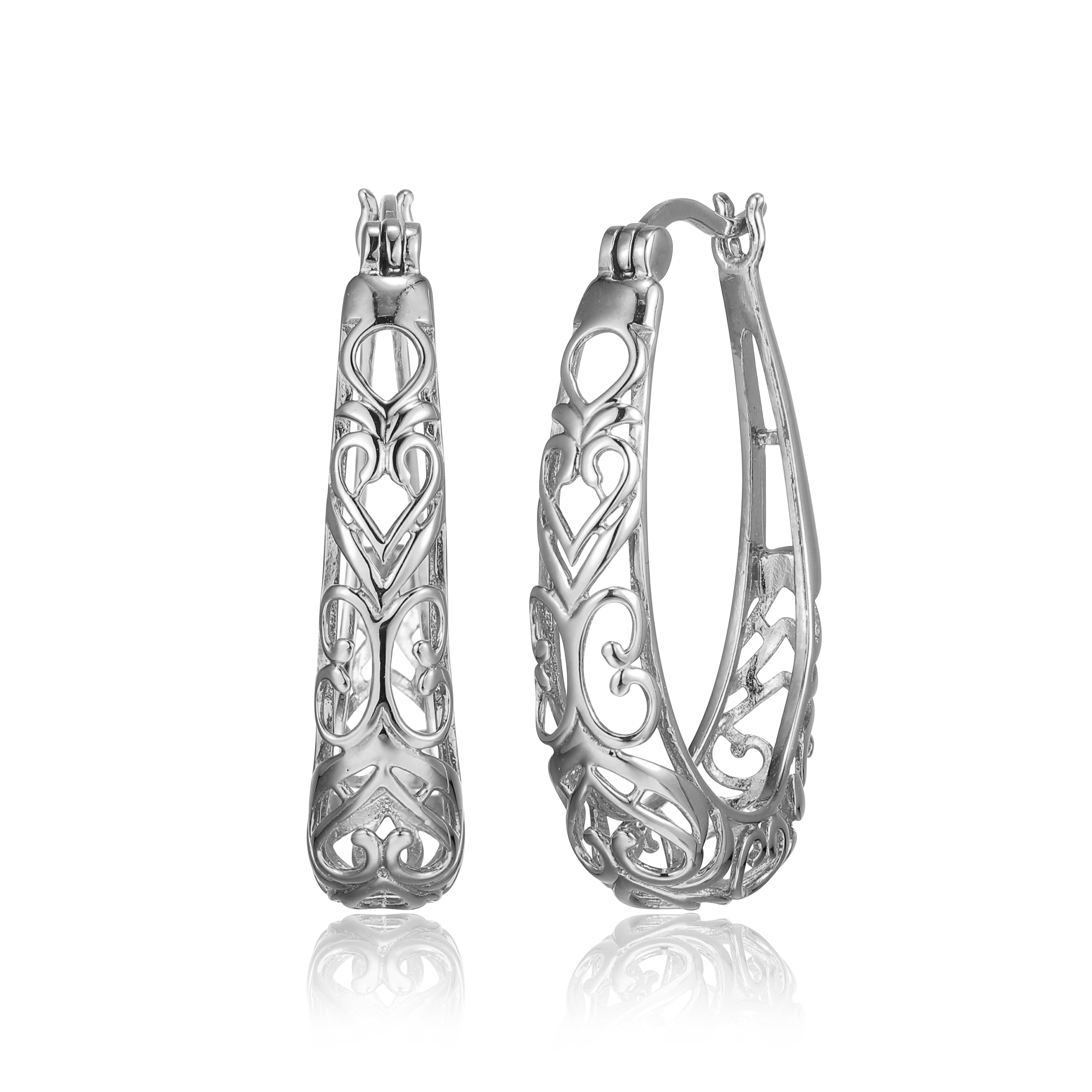 Forever Facets Filigree Oval Hoop Earrings in Rhodium Plated Sterling Silver, Adult Female
