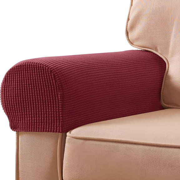 AUQ Stretch Couch Arm Covers Set of 2,Checkered Sofa Arm Slipcovers,Anti-Slip Armrest Covers for Recliner and Armchairs,Pet Proof,High Stretchy,Hook&Loop Tape,Wine