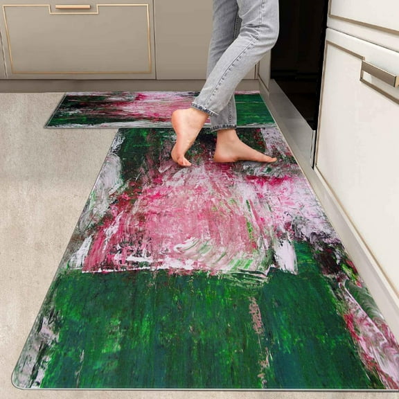 2 Pieces Kitchen Rugs, Abstract Anti Fatigue Non Slip Foam Cushioned Art Modern Emerald Baby Pink Comfort Indoor Floor Mat Runner Rug Set for Laundry Office Sink Bathroom (17"x48" 17"x24")