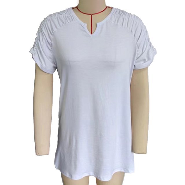 Mujeres V Masajeadores de cuello camiseta casual manga corta plisada acanalada color puro verano pullover top