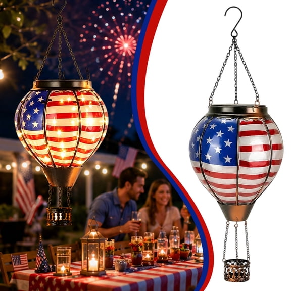 Solar Hot Air Balloon Garden Light, Flame Flickering Glass Lantern, Outdoor Hanging Decor for Patio Porch and Yard