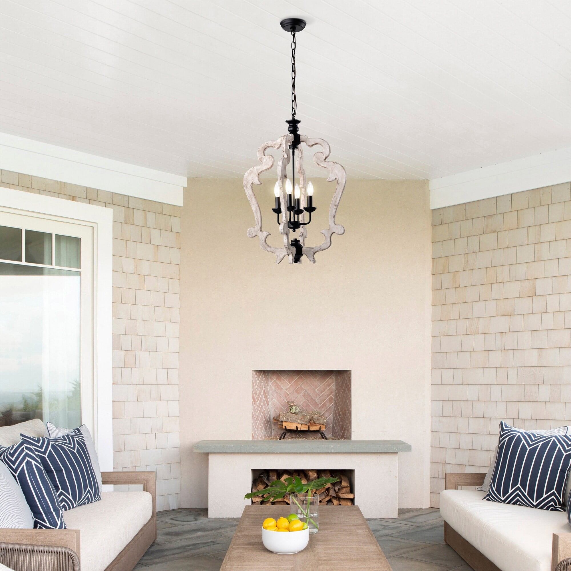 Biga 20 in. 4-Light Indoor Matte Black and Weathered White Finish Chandelier with Light Kit