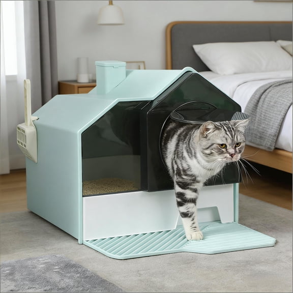 Hooded Cat Litter Box, Fully Enclosed Cat Litter Box with Drawer Tray, Odor Control with Deodorizers, Includes Scoop & Mat, House Style Litter Box for Indoor Cats
