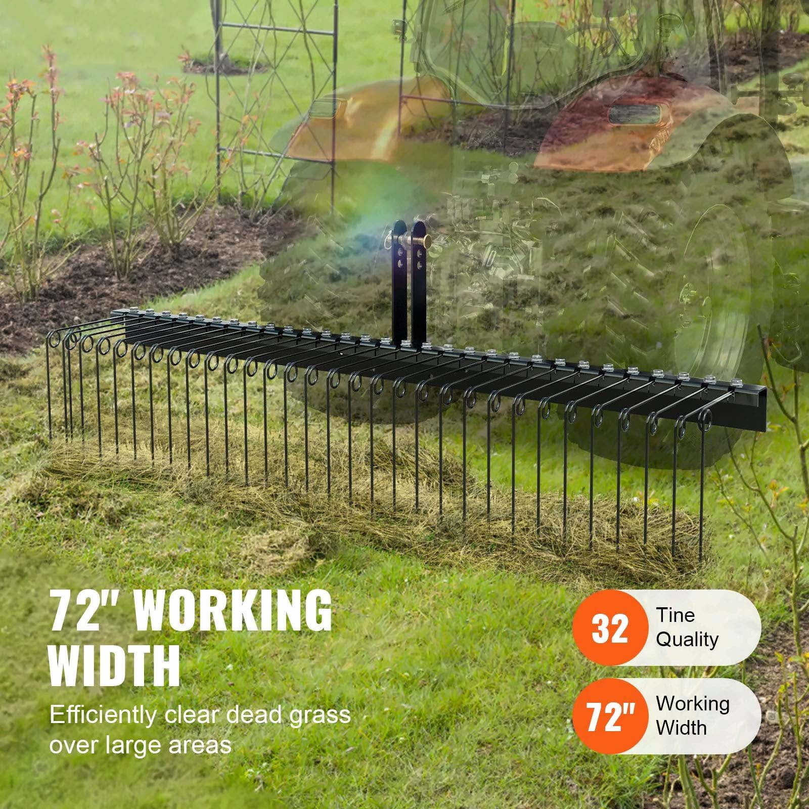 Tow Behind Landscape Rake 72 Inch - Dethatcher with 32 Steel Tines, 3-Point Hitch Compatible for Tractor, Lawn Debris Removal for Leaves, Straw & Pine Needles