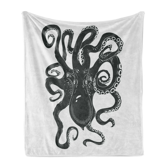 Octopus Soft Flannel Fleece Throw Blanket, Cephalopod Character Curling Tentacles Swimming Underwater Wildlife, Cozy Plush for Indoor and Outdoor Use, 60" x 80", Pale Grey Charcoal Grey, by Ambesonne