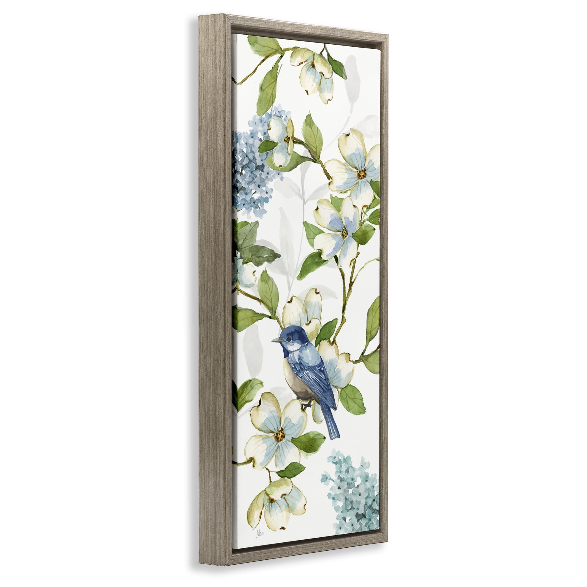 Stupell Industries Dogwood Flowers & Bird Plants & Flowers Painting Brown Floater Framed Canvas Art Print Wall Art, 11 x 25