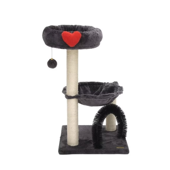 QUIOCOZY 27.8" Cat Tree Tower for Indoor Cats, Multi-Level Activity Tree with Hammock, Scratching Posts, Perch, Heart-Pattern, Dangling Ball & Grooming Brush