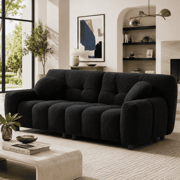 Rophefx 72.8" Cloud Loveseat Sofa,Teddy 2 Seater Sofa Deep Seat Couch with 2 Pillows, Modern Comfy Couch for Living Room Apartment Office, Black
