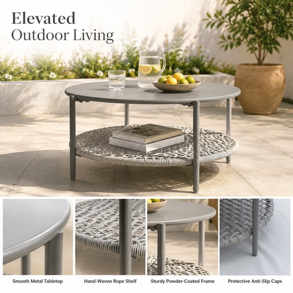 LHKJ Modern Round 2-Tier Outdoor Coffee Table with Rustproof Metal Top and PE Rattan Storage Shelf