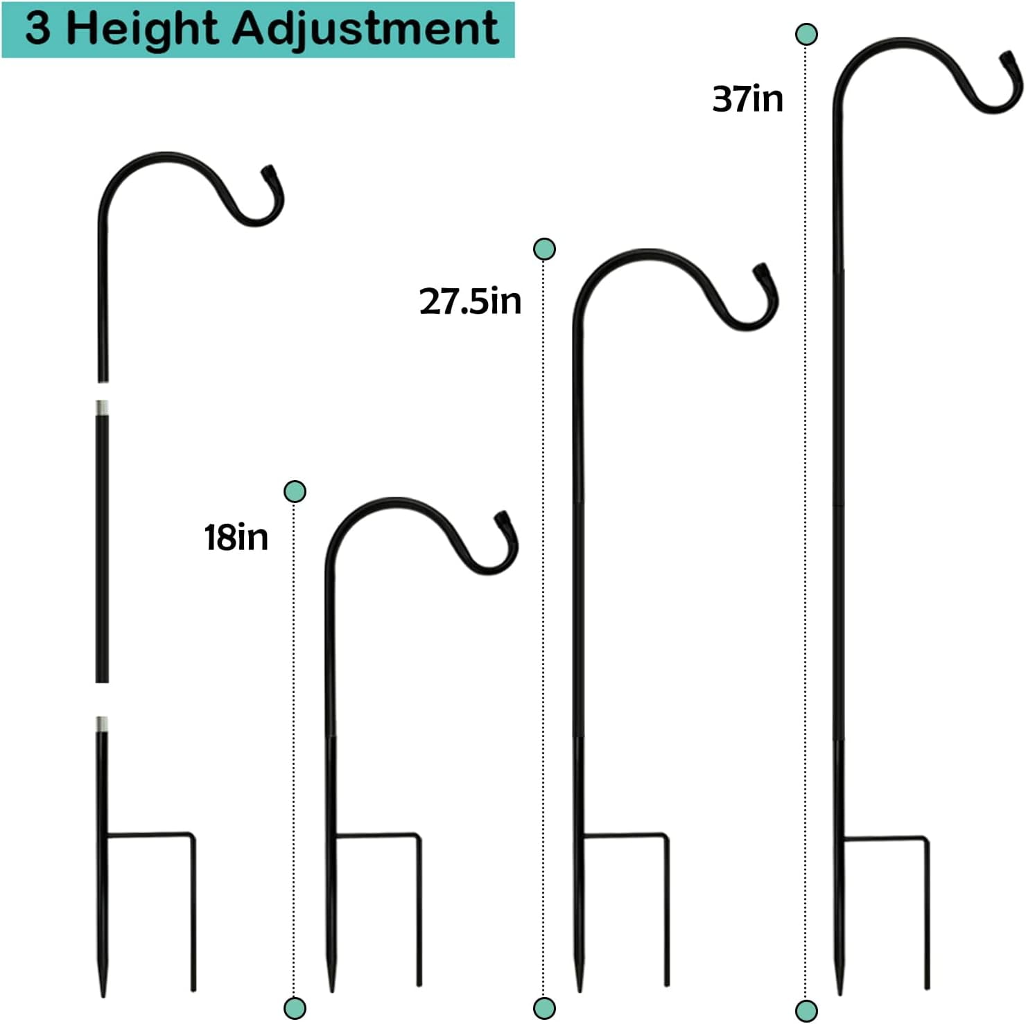 4/8PK Heavy Duty Garden Shepherds Hooks for Outdoor, Premium Metal Shepherds Hooks, Height Adjustable Bird Feeder Hanger, Hanging Basket Hooks 37” Inch Tall Hanging Plant Hooks (4PK)
