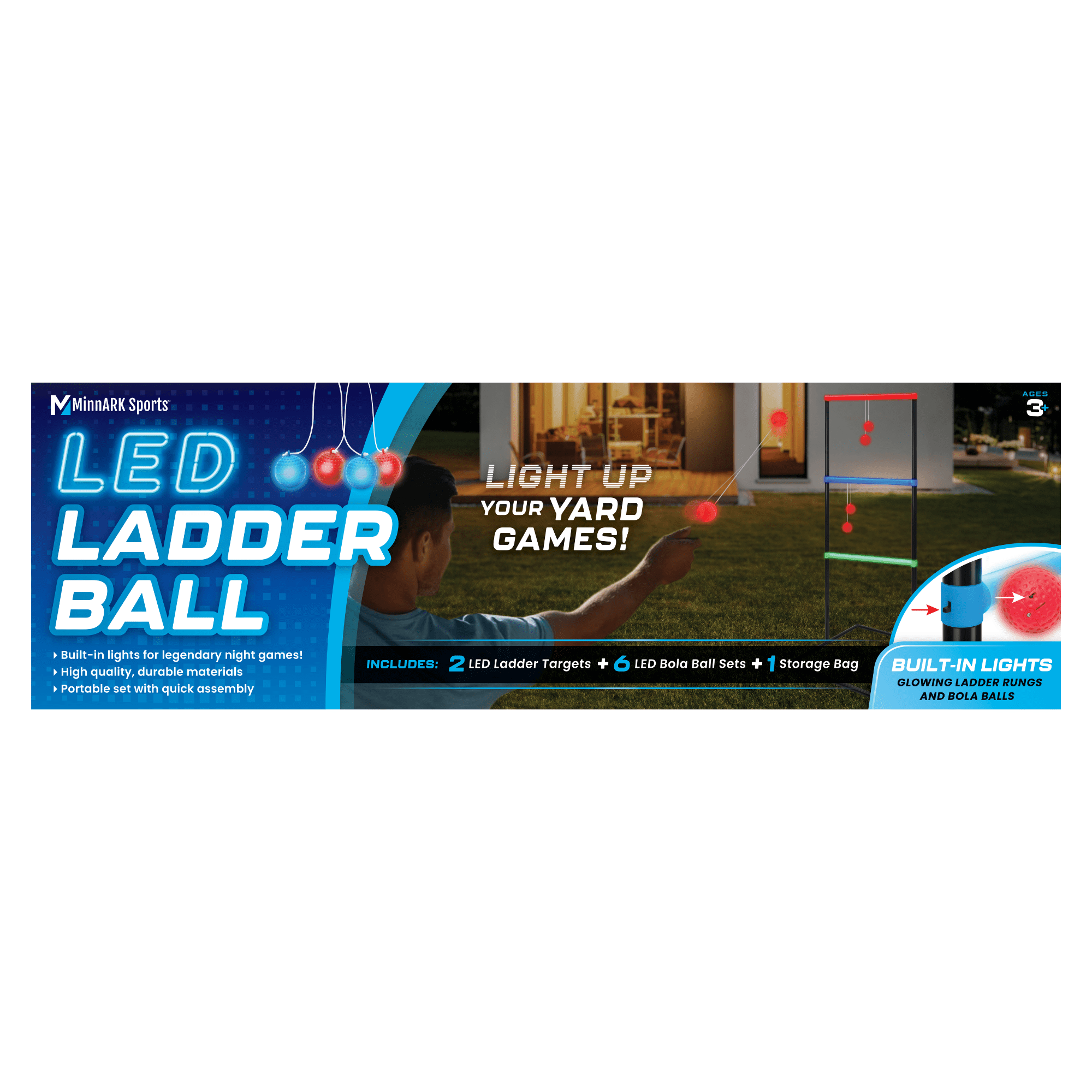 LED Ladderball, Light-Up Outdoor Toss Game, Plastic, Includes Ladders, Bolas, and Storage Bag, for All Ages, by MinnARK