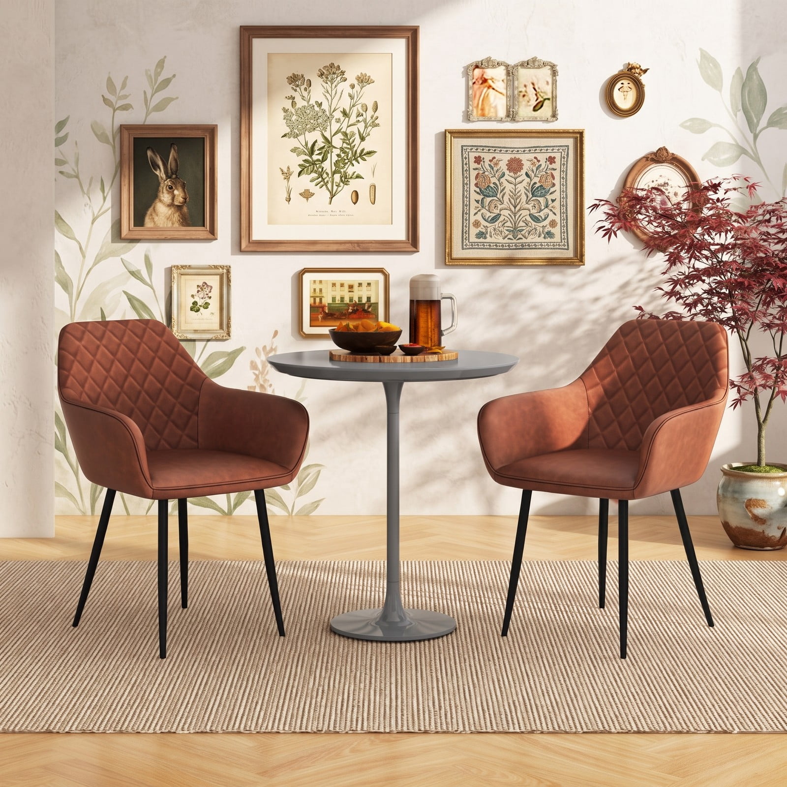 Furnibear Upholstered Dining Chairs Set of 2, Fabric Accent Armchair with Curved Backrest, Wide Padded Seat and Metal Frame for Kitchen Living Room, Coffee