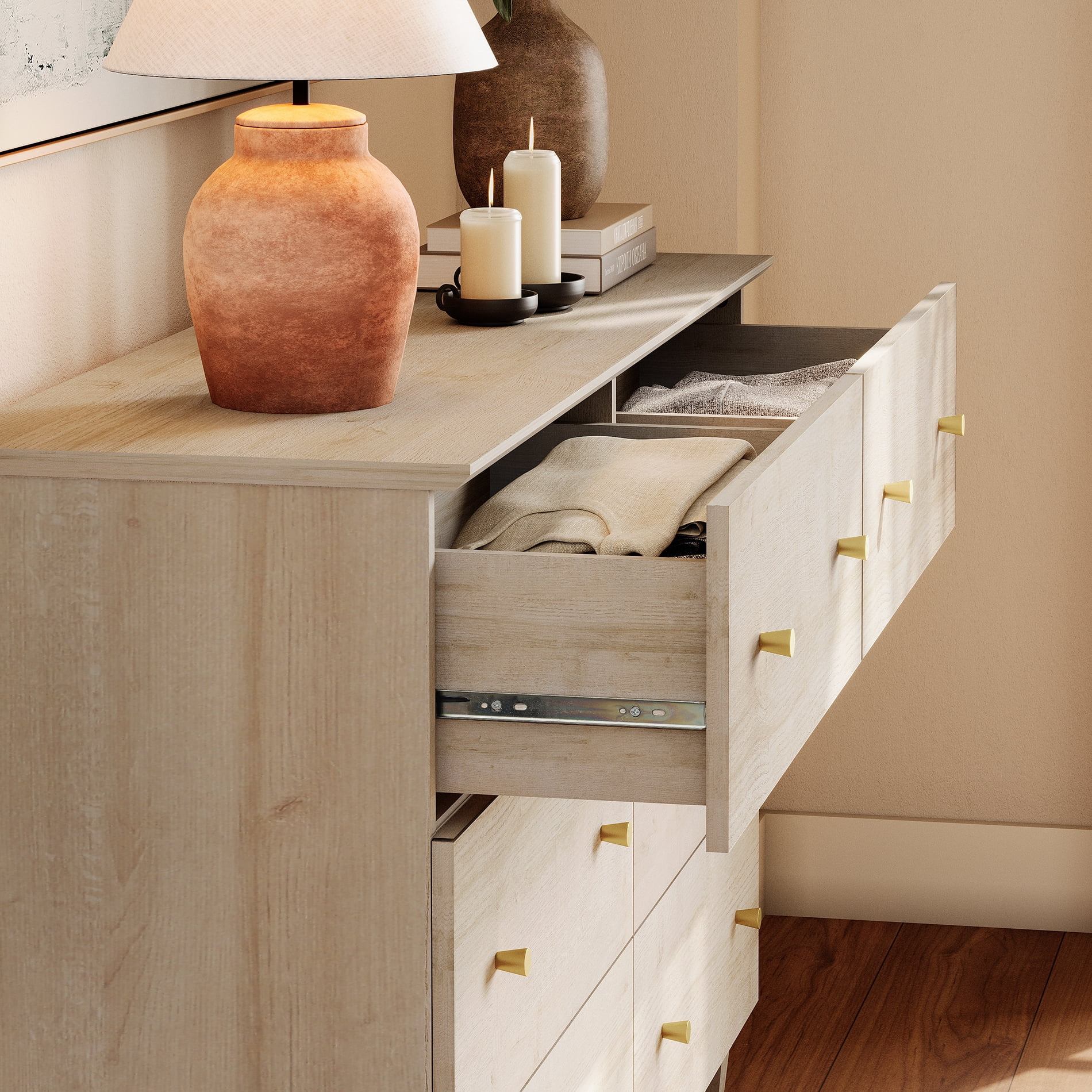 WAMPAT Wood Dresser with 12 Drawers and 1 Cabinet for Bedroom, Modern Chest of Drawer, 130" Wide, Light Oak Wood Finish