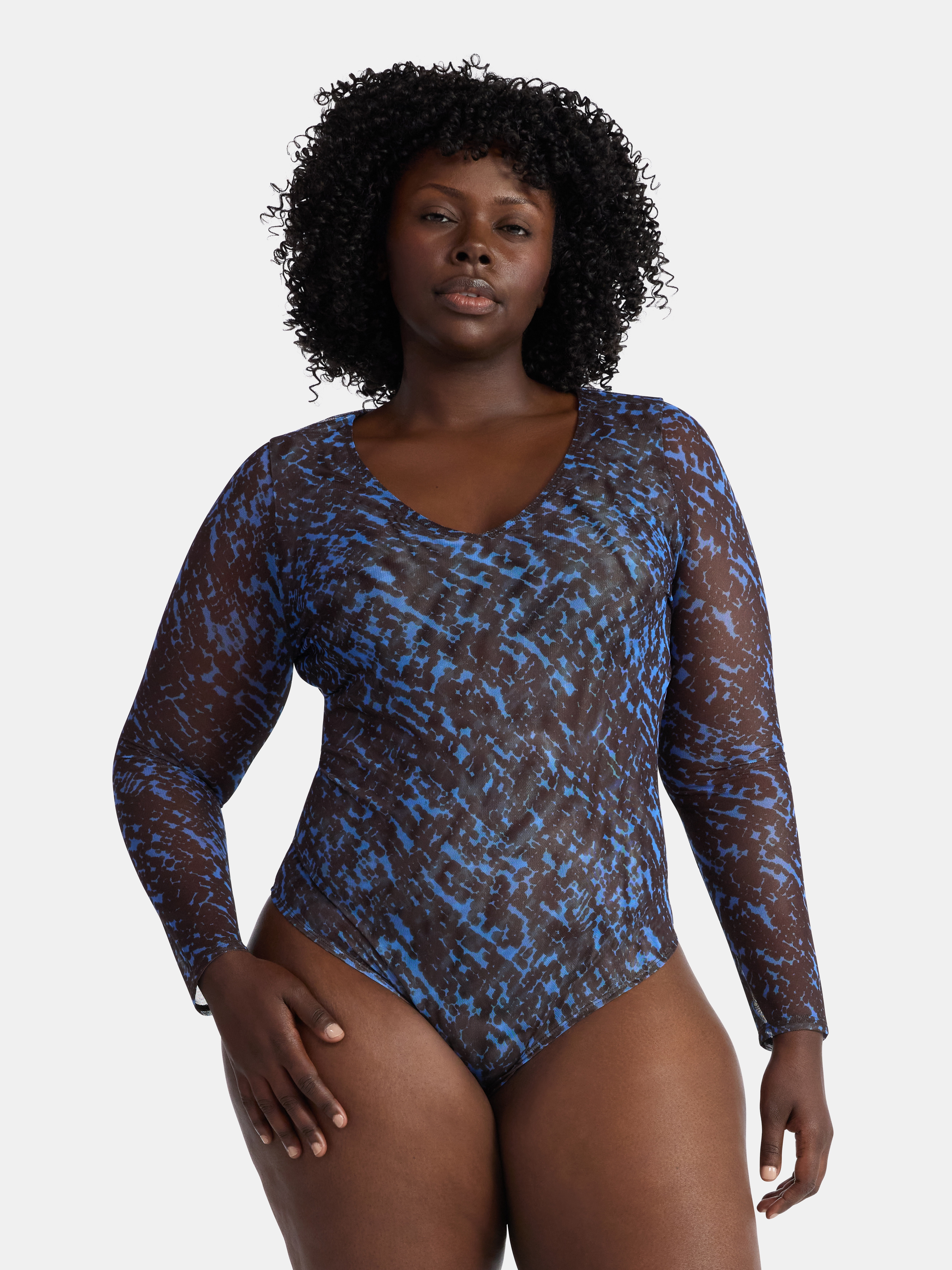 Terra & Sky Women's Plus V Neck Mesh Bodysuit with Long Sleeves, Sizes 0X-5X