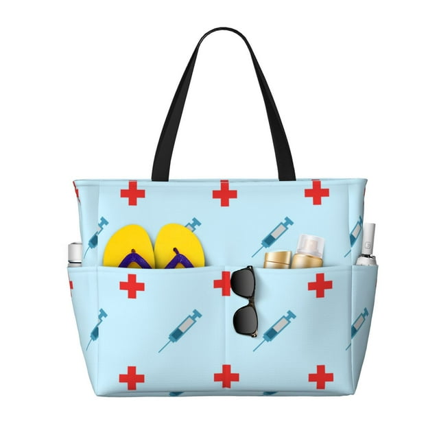 Fotbe Syringe And Red Cross Bolsa de Viaje para Playa - Resistente al Agua, Bolsa Tote de Gran Capacidad y Ligera con 7 Bolsillos para Mujeres y Hombres