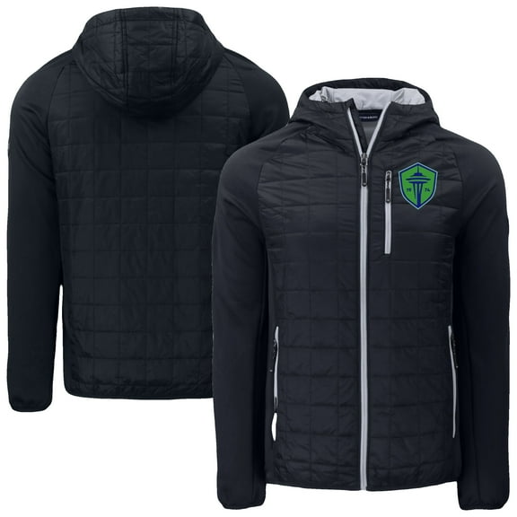 Men's-Cutter & Buck  Black Seattle Sounders FC Rainier Primaloft Eco Full-Zip Hybrid Hooded Jacket