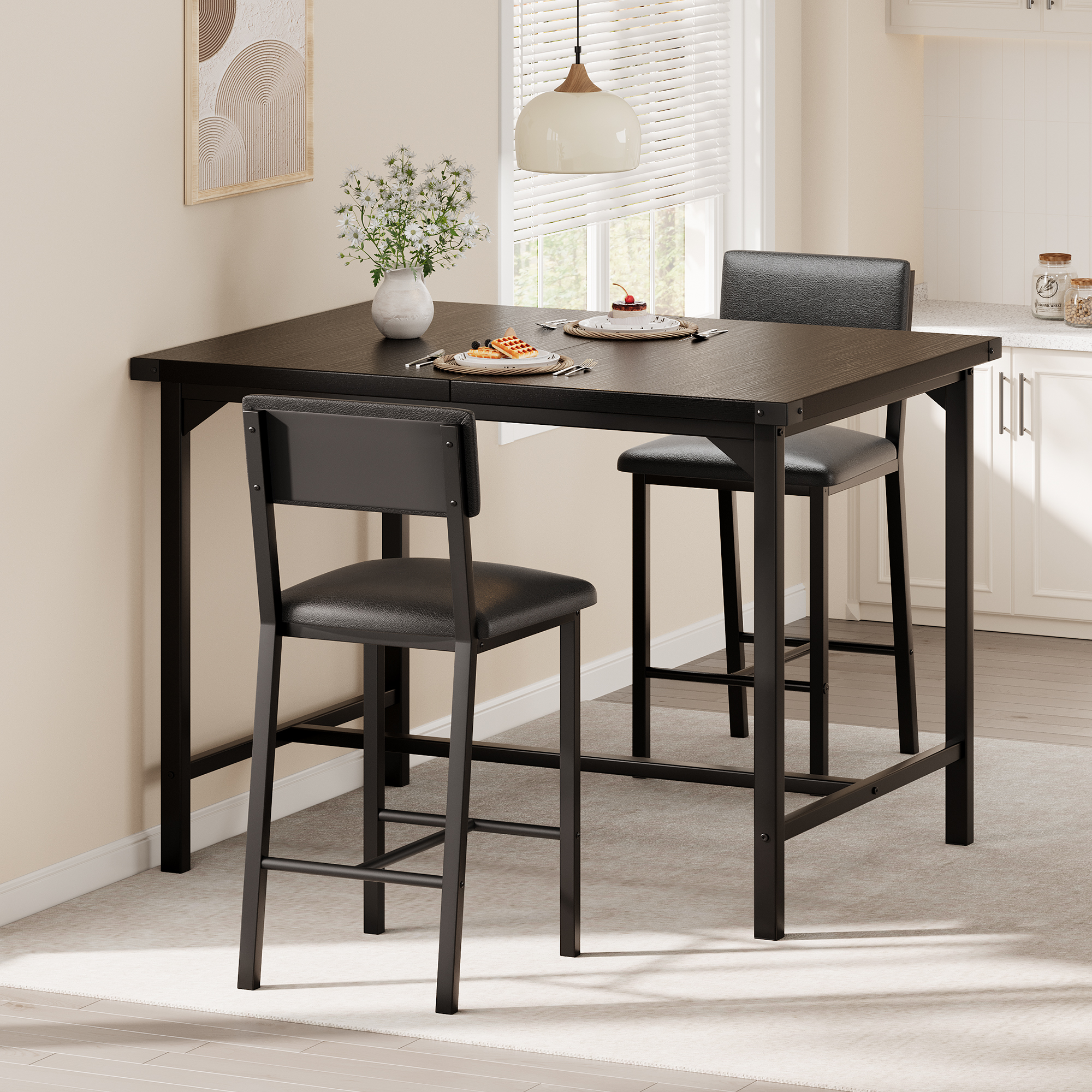 3-Piece Space-Saving Counter Height Dining Set for 2, High Top Table with Corner Protectors & Upholstered Stools with Footrest, Compact Modern Furniture for Kitchen Dining Room - Black