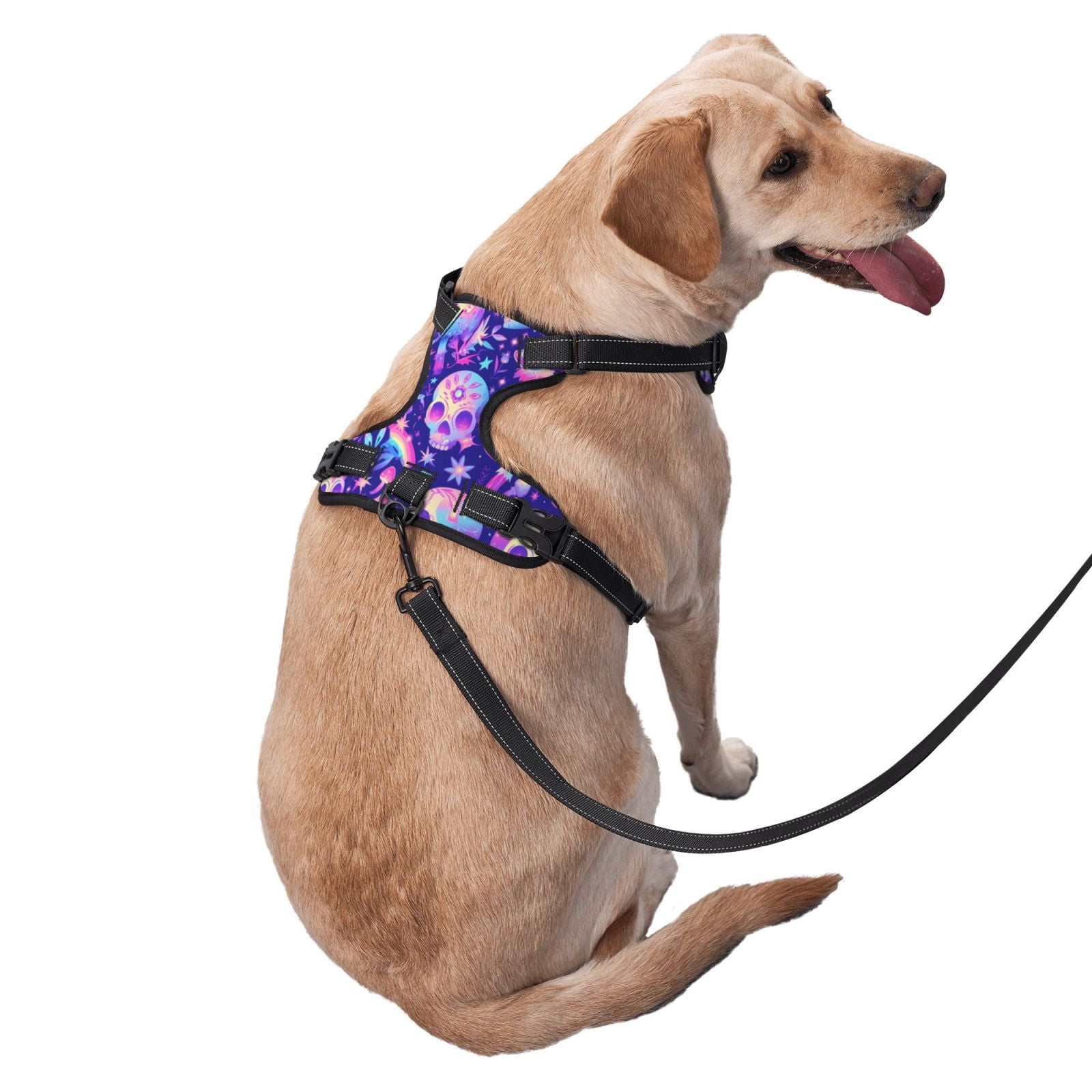 Vsdgher colorful mushroom Skull rainbow Pattern Dog Harness,No Pull Pet Harness with Soft Padded Handle,Adjustable Reflective Vest with 2 Buckles,4 Slide Buckles,S-XL