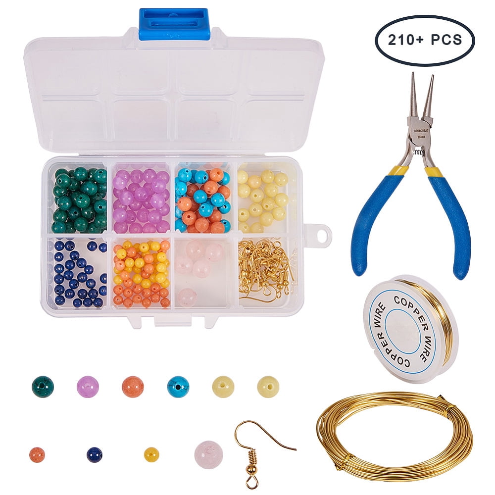 DIY Earring Making with Iron Earring Hooks Jewelry Wire Natural Gemstone Round Beads and Jewelry Pliers Mixed Color 11x7x3cm
