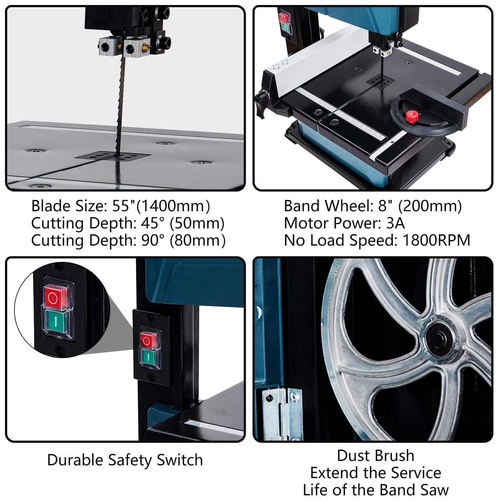 8 Inch Band Saw, 0-45 Tilting Range, 3A & 1800RPM Pure Copper Motor Bandsaw, Benchtop Band Saw with Fence and Miter Gauge, for Woodworking Aluminum