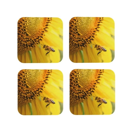 

Leather Coasters Set of 4 - Honey Bee Pollinating Sunflower Lightweight Non-Slip Drink Coasters for Desk Anti-Scalding Desk Cup Coasters for Office Table Decor Square