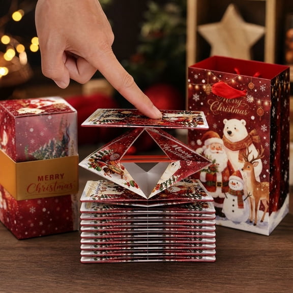 Clearance Pops-Up Money Box, Foldable Gift Boxes, Christmas Cash Explosion Set, Santa Snowman Reindeer Print, Matching Gift Bag for Holiday Party Exchange