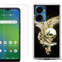 For Cricket Magic 2 5G Phone Case Cover, Shockproof Bumper Hybrid Case with Tempered Glass Screen Protector, by OneToughShield - Wing Skull